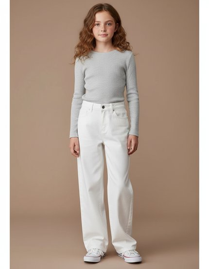 Pantalon Blanc Jean Droit Fille Décontracté