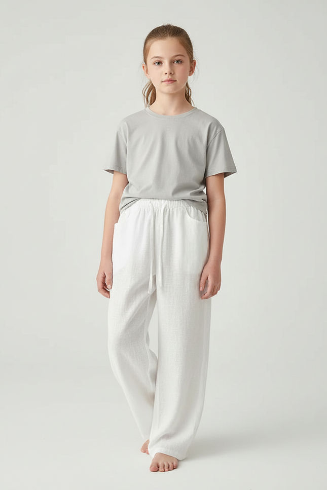 Pantalon Blanc Lin Ample Décontracté Droit Enfant