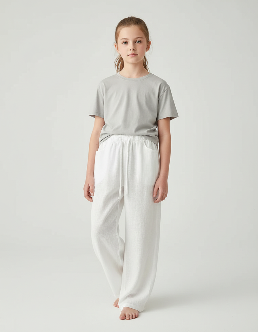 Pantalon Blanc Lin Ample Décontracté Droit Enfant