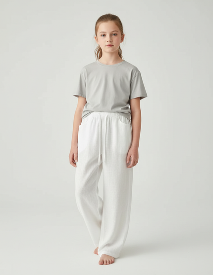 Pantalon Blanc Lin Ample Décontracté Droit Enfant