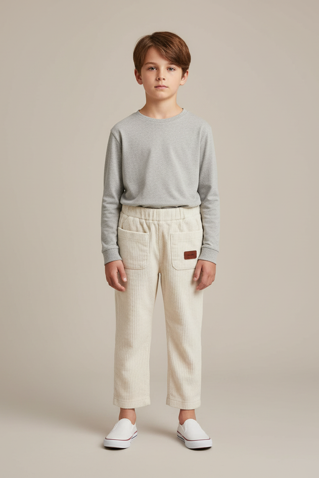Pantalon Blanc Côtelé Ample Décontracté Enfant Poches - Beige Cordé