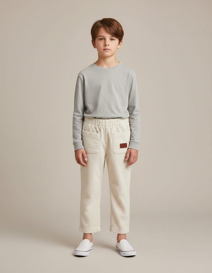 Pantalon Blanc Côtelé Ample Décontracté Enfant Poches - Beige Cordé
