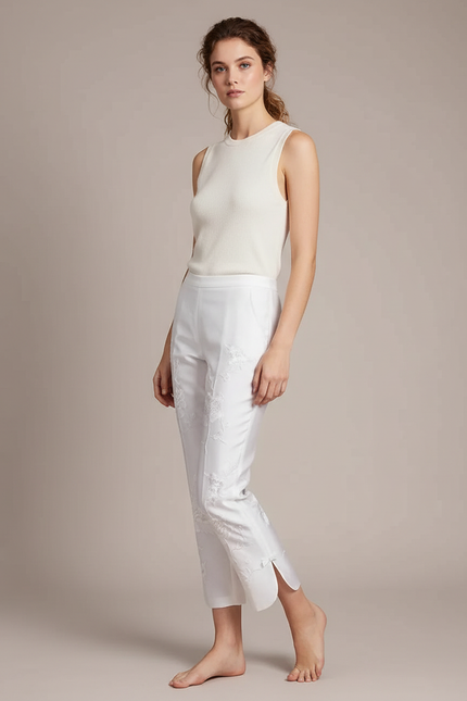 Pantalon Blanc Brodé Fleur Taille Haute Élégant - Satin