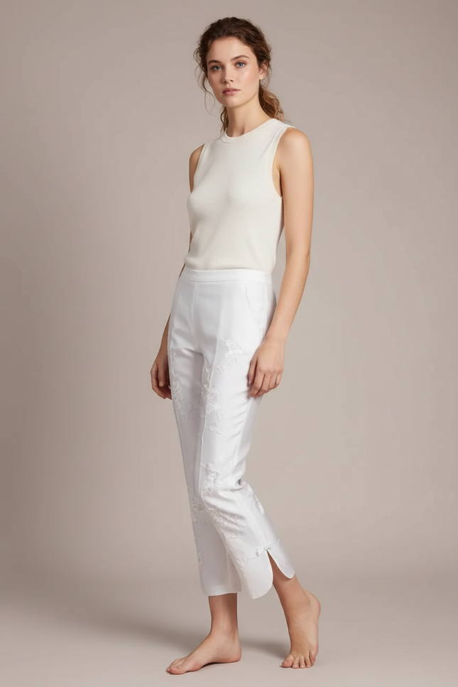 Pantalon Blanc Brodé Fleur Taille Haute Élégant - Satin
