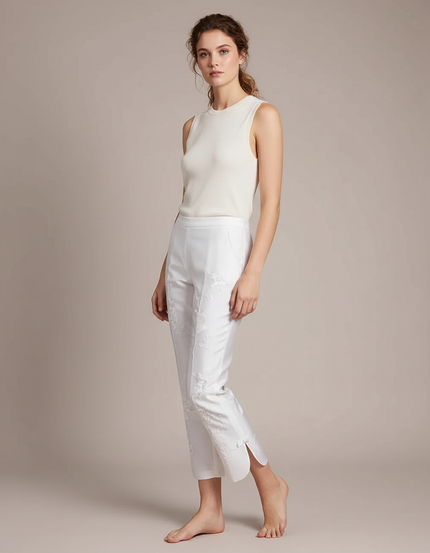 Pantalon Blanc Brodé Fleur Taille Haute Élégant - Satin