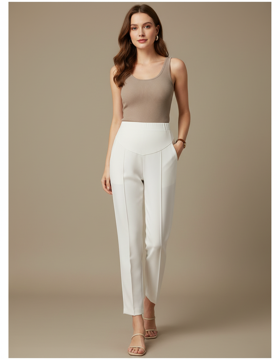 Pantalon Blanc Taille Haute Coupe Droite Femme - Gabardine