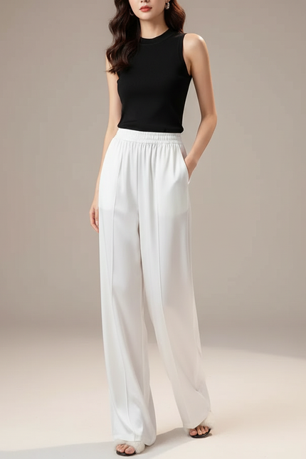 Pantalon Blanc Fluide Ample Satiné Taille Haute
