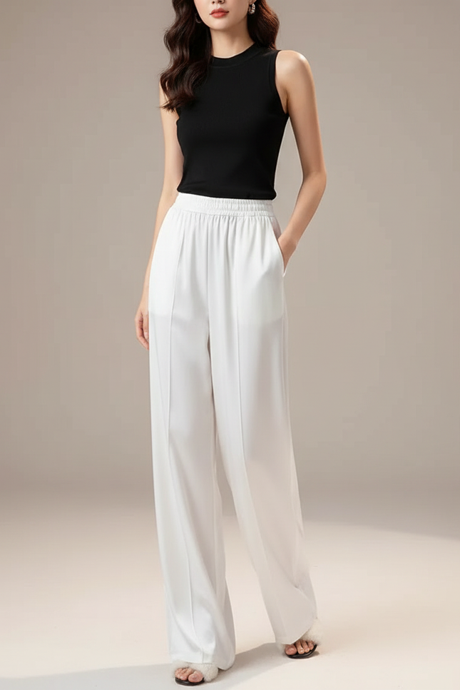 Pantalon Blanc Fluide Ample Satiné Taille Haute