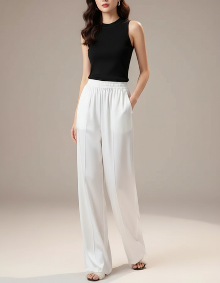 Pantalon Blanc Fluide Ample Satiné Taille Haute