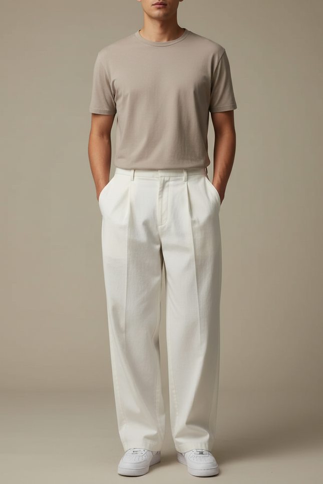 Pantalon Blanc Homme Ample Plissé Coton Décontracté