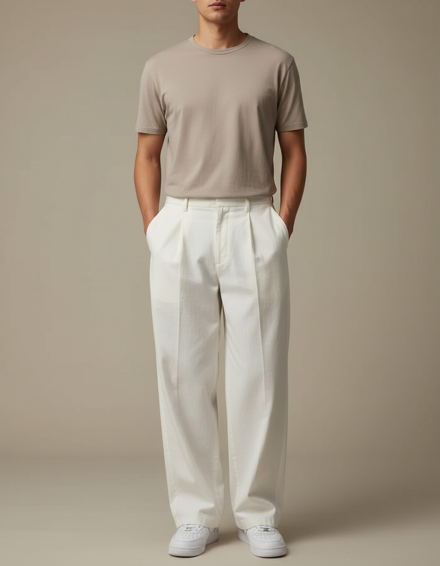Pantalon Blanc Homme Ample Plissé Coton Décontracté