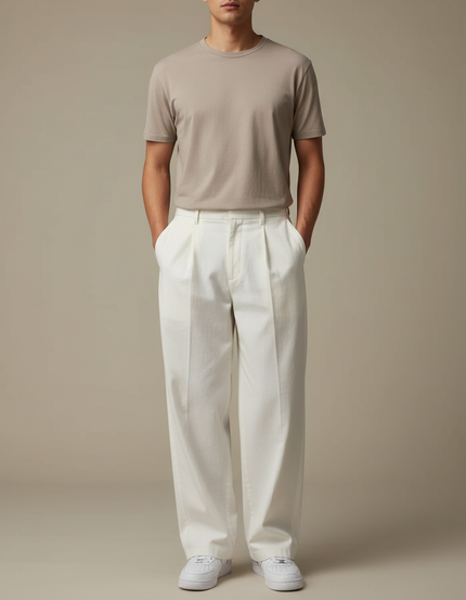 Pantalon Blanc Homme Ample Plissé Coton Décontracté