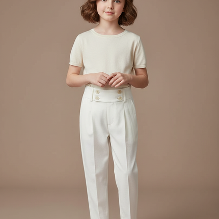 Pantalon Blanc Droit Plissé Boutons Élégant Enfant - Gabardine