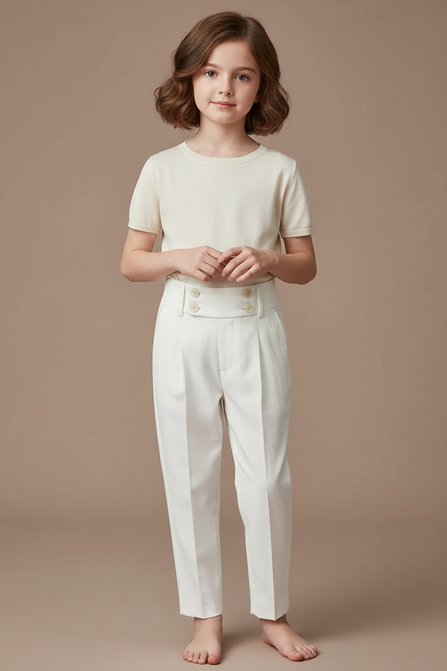Pantalon Blanc Droit Plissé Boutons Élégant Enfant - Gabardine