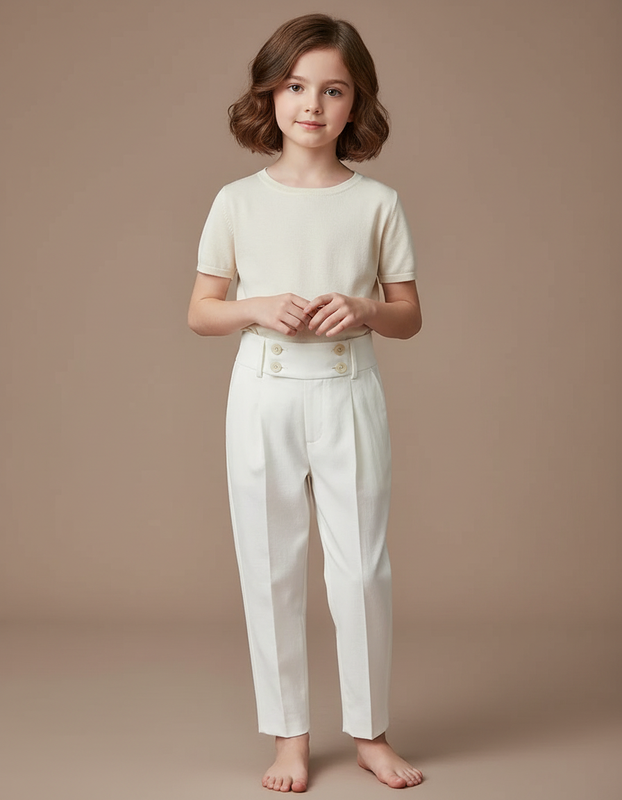 Pantalon Blanc Droit Plissé Boutons Élégant Enfant - Gabardine