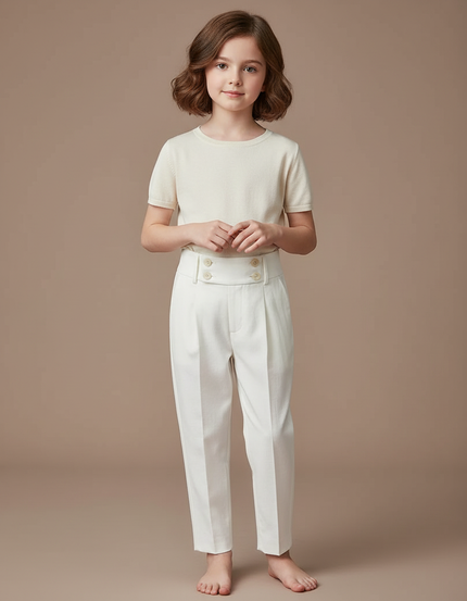 Pantalon Blanc Droit Plissé Boutons Élégant Enfant - Gabardine