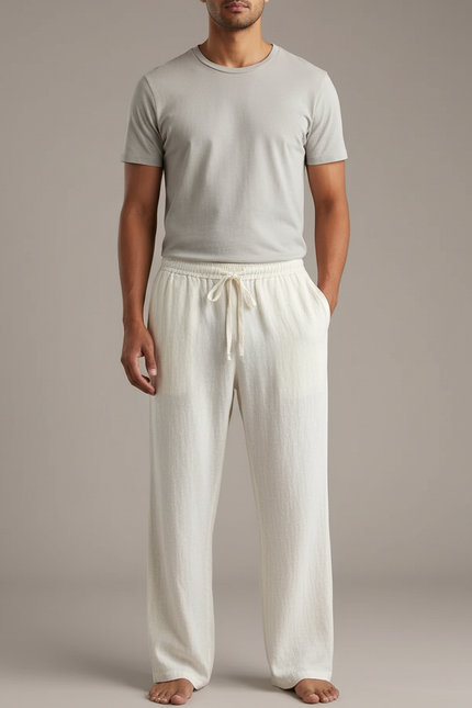 Pantalon Blanc Lin Décontracté Ample Cordon Homme