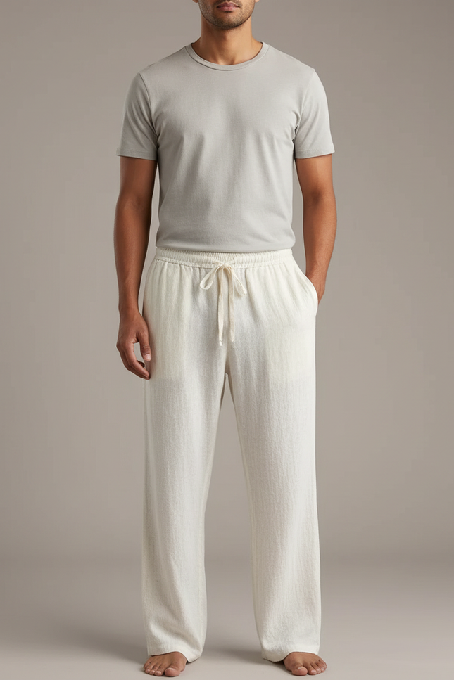 Pantalon Blanc Lin Décontracté Ample Cordon Homme