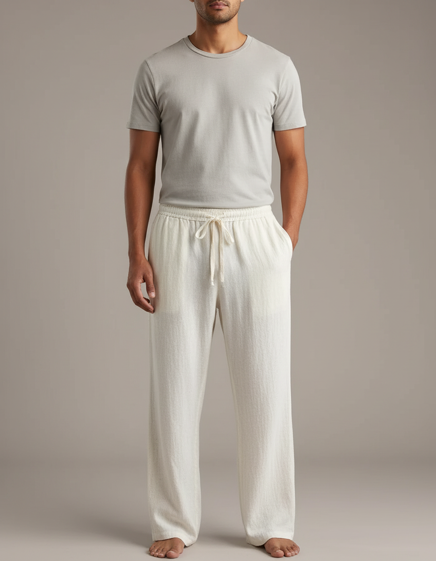 Pantalon Blanc Lin Décontracté Ample Cordon Homme