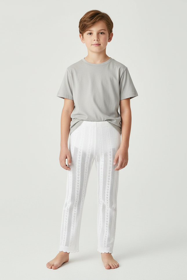 Pantalon Blanc Tricoté Respirant Dentelle Enfant Fille - Maille