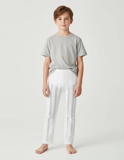 Pantalon Blanc Tricoté Respirant Dentelle Enfant Fille - Maille