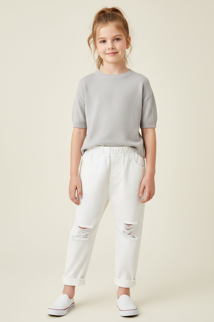 Pantalon Blanc Jean Déchiré Enfant Décontracté Coton