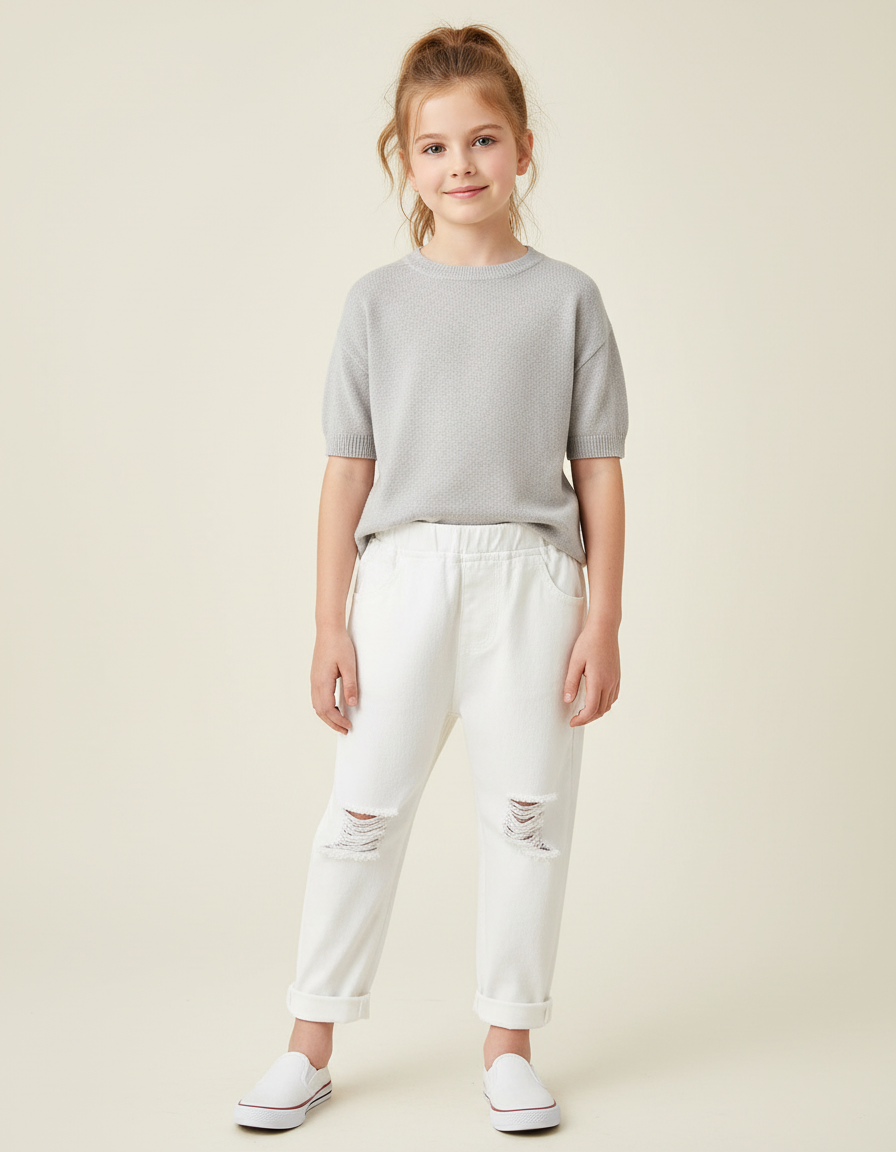 Pantalon Blanc Jean Déchiré Enfant Décontracté Coton
