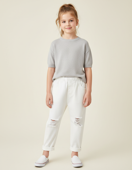 Pantalon Blanc Jean Déchiré Enfant Décontracté Coton