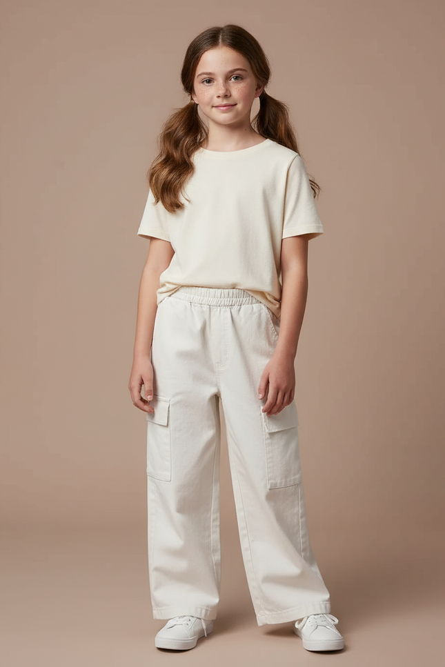 Pantalon Blanc Cargo Ample Enfant Décontracté Poches - Toile