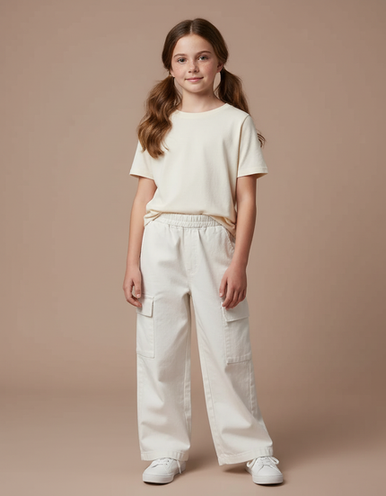 Pantalon Blanc Cargo Ample Enfant Décontracté Poches - Toile