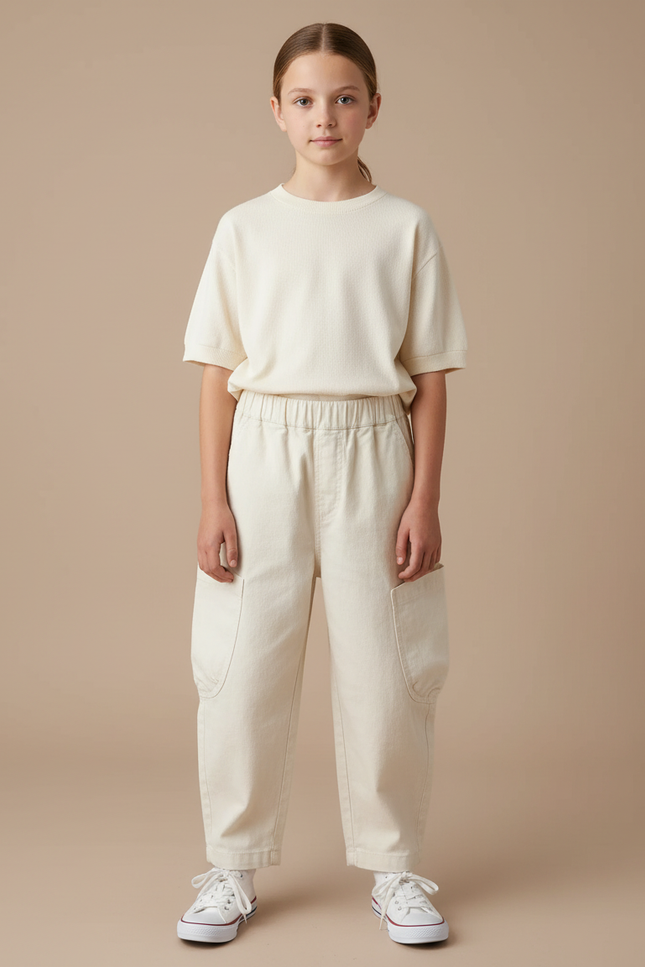 Pantalon Blanc Cargo Ample Enfant Décontracté Coton - Beige Toile