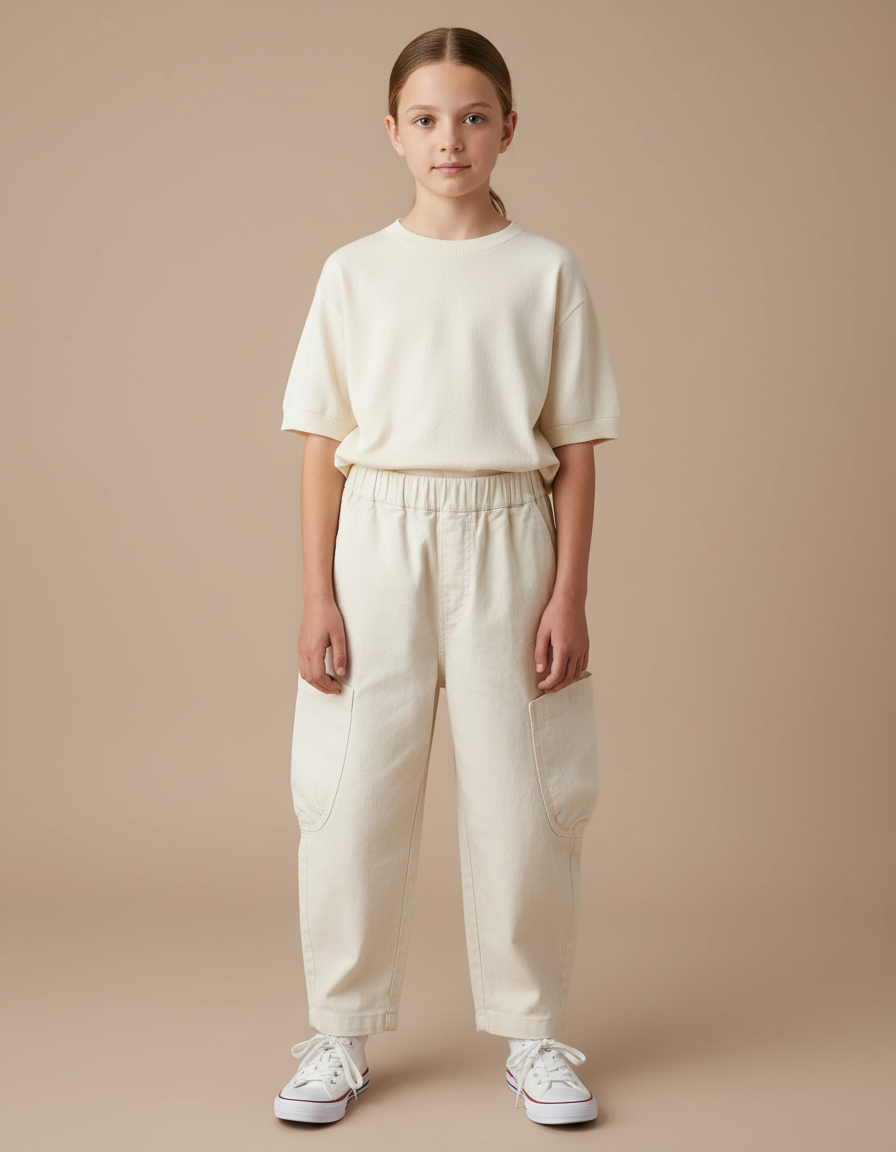 Pantalon Blanc Cargo Ample Enfant Décontracté Coton - Beige Toile