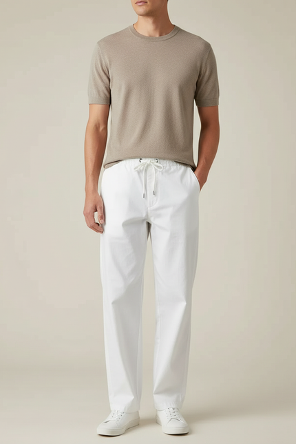 Pantalon Blanc Droit Décontracté Coton Cordon Homme