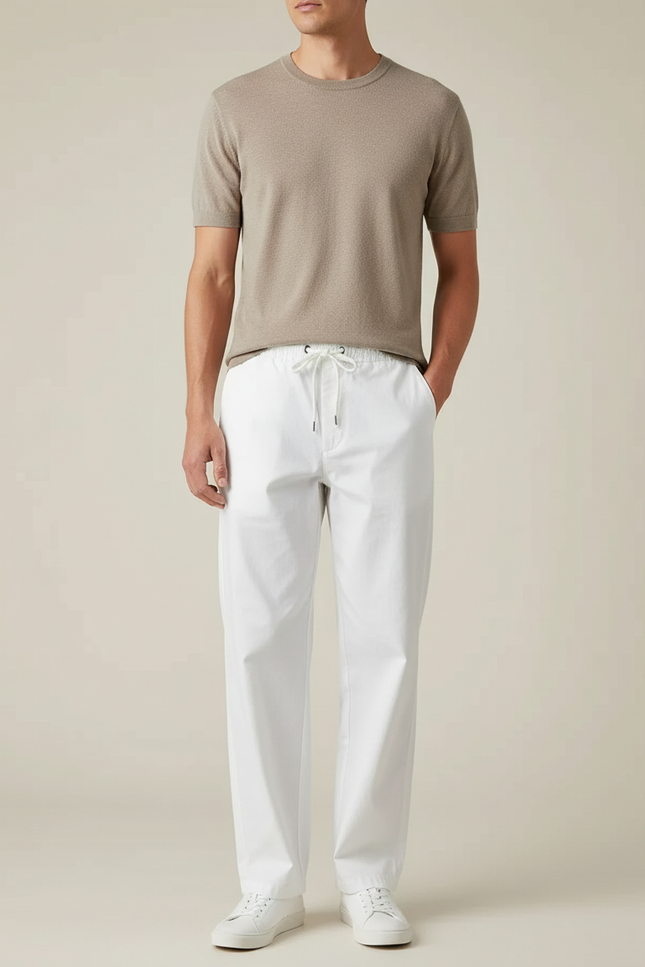 Pantalon Blanc Droit Décontracté Coton Cordon Homme
