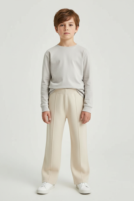 Pantalon Blanc Tricoté Épais Droit Enfant - Beige Maille