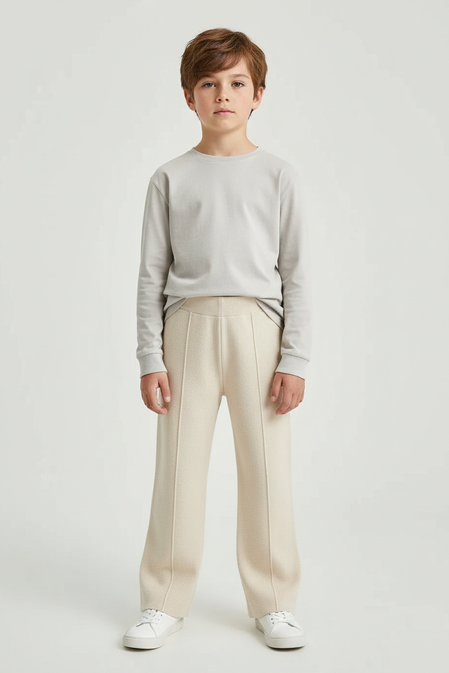 Pantalon Blanc Tricoté Épais Droit Enfant - Beige Maille