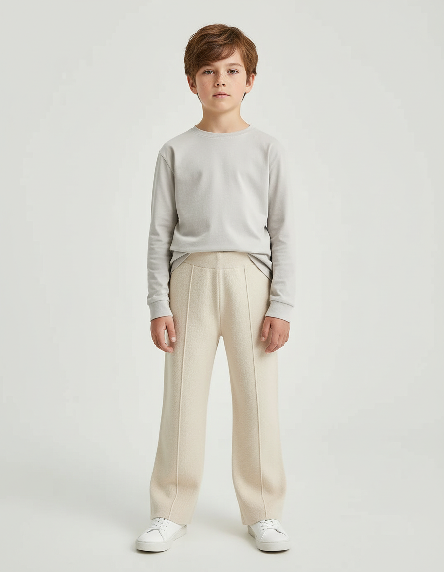 Pantalon Blanc Tricoté Épais Droit Enfant - Beige Maille