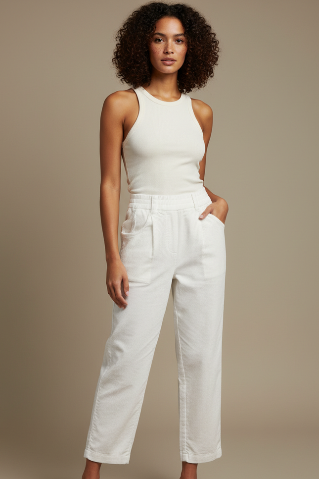 Pantalon Blanc Côtelé Ample Décontracté Hiver - Cordé