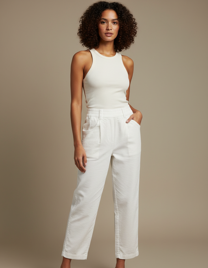 Pantalon Blanc Côtelé Ample Décontracté Hiver - Cordé