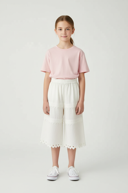 Pantalon Blanc Dentelle Ample Évasé Enfant Estival - Lin