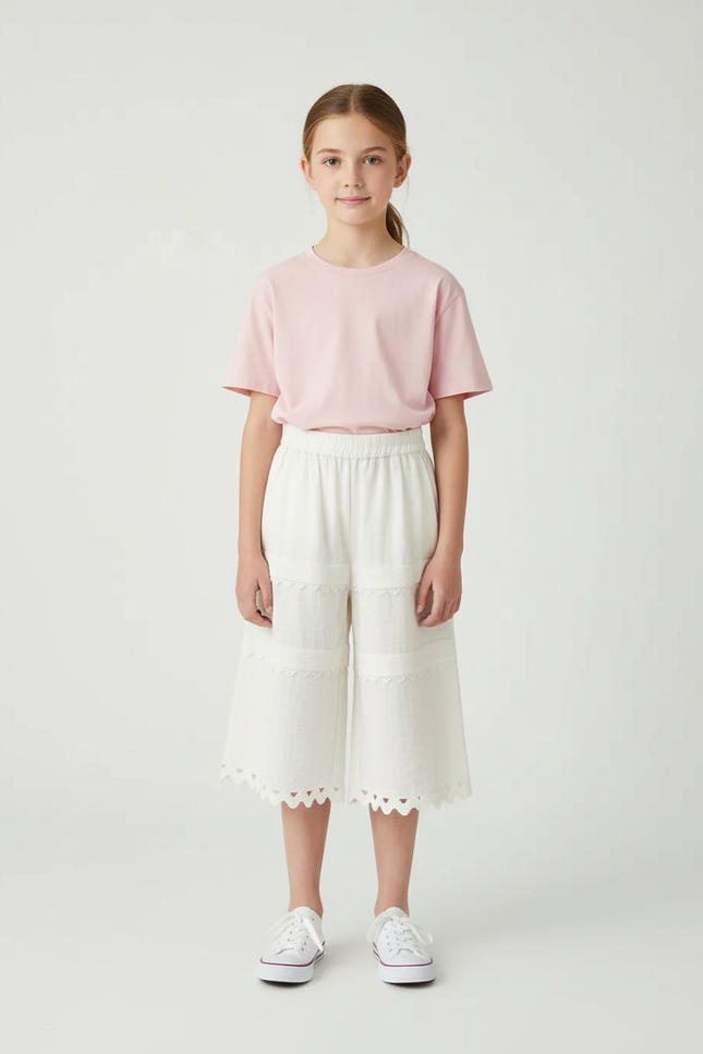 Pantalon Blanc Dentelle Ample Évasé Enfant Estival - Lin