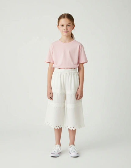Pantalon Blanc Dentelle Ample Évasé Enfant Estival - Lin