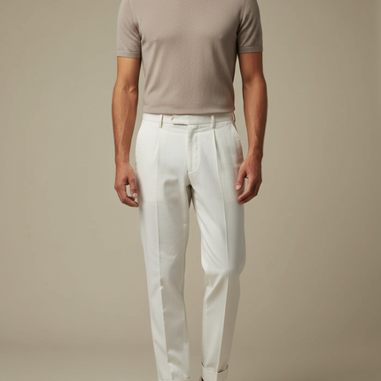 Pantalon Blanc Droit Plissé Élégant Cérémonie Homme - Gabardine