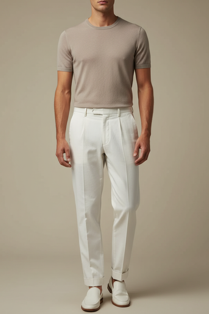 Pantalon Blanc Droit Plissé Élégant Cérémonie Homme - Gabardine