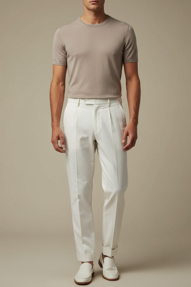 Pantalon Blanc Droit Plissé Élégant Cérémonie Homme - Gabardine