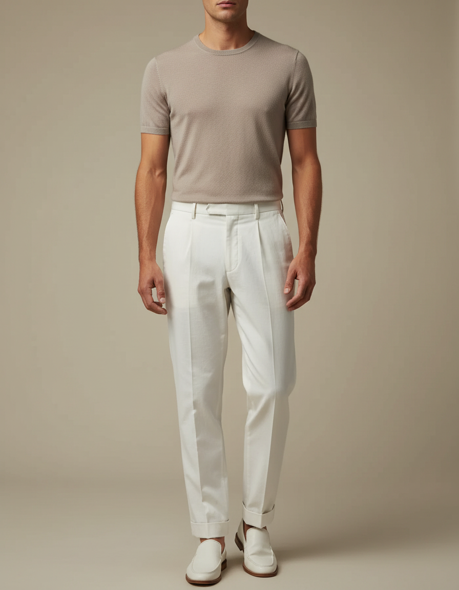Pantalon Blanc Droit Plissé Élégant Cérémonie Homme - Gabardine