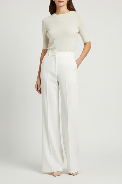 Pantalon Blanc Large Fluide Élégant Femme - Polyester