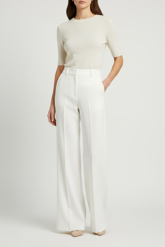 Pantalon Blanc Large Fluide Élégant Femme - Polyester