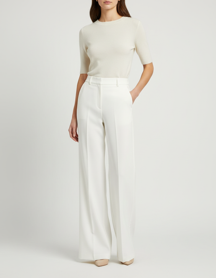 Pantalon Blanc Large Fluide Élégant Femme - Polyester
