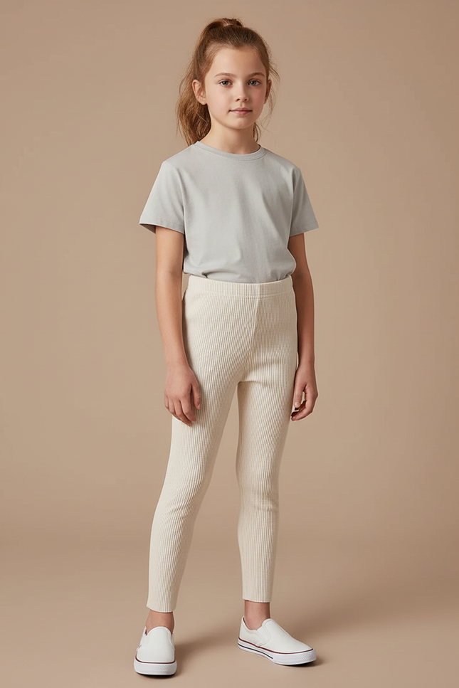 Pantalon Blanc Côtelé Fille Extensible Confortable Basique - Maille